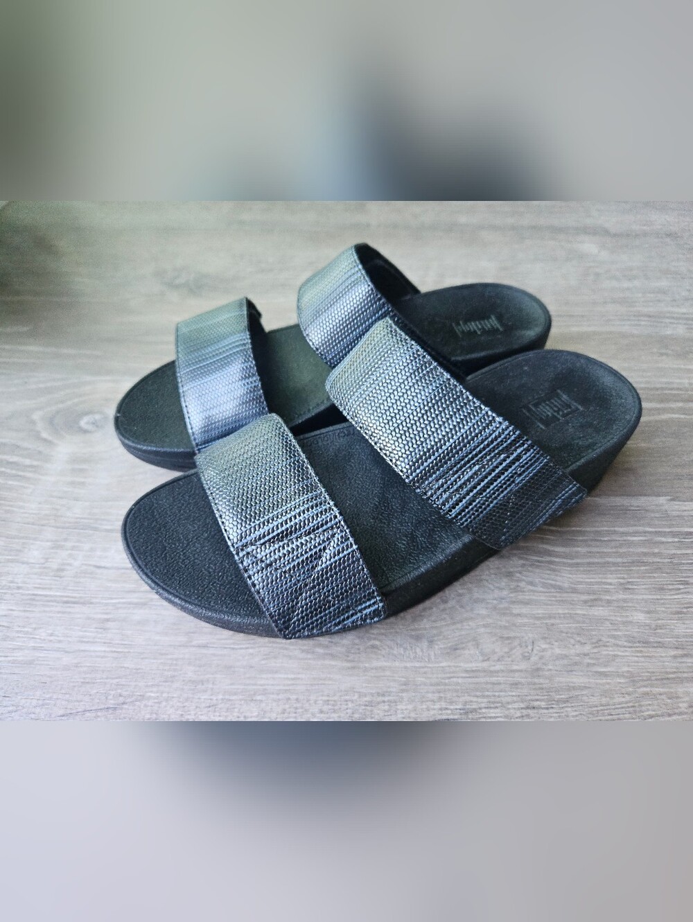 Fitflop Mina Textured Glitz Slide Sandals, Black, Size 6